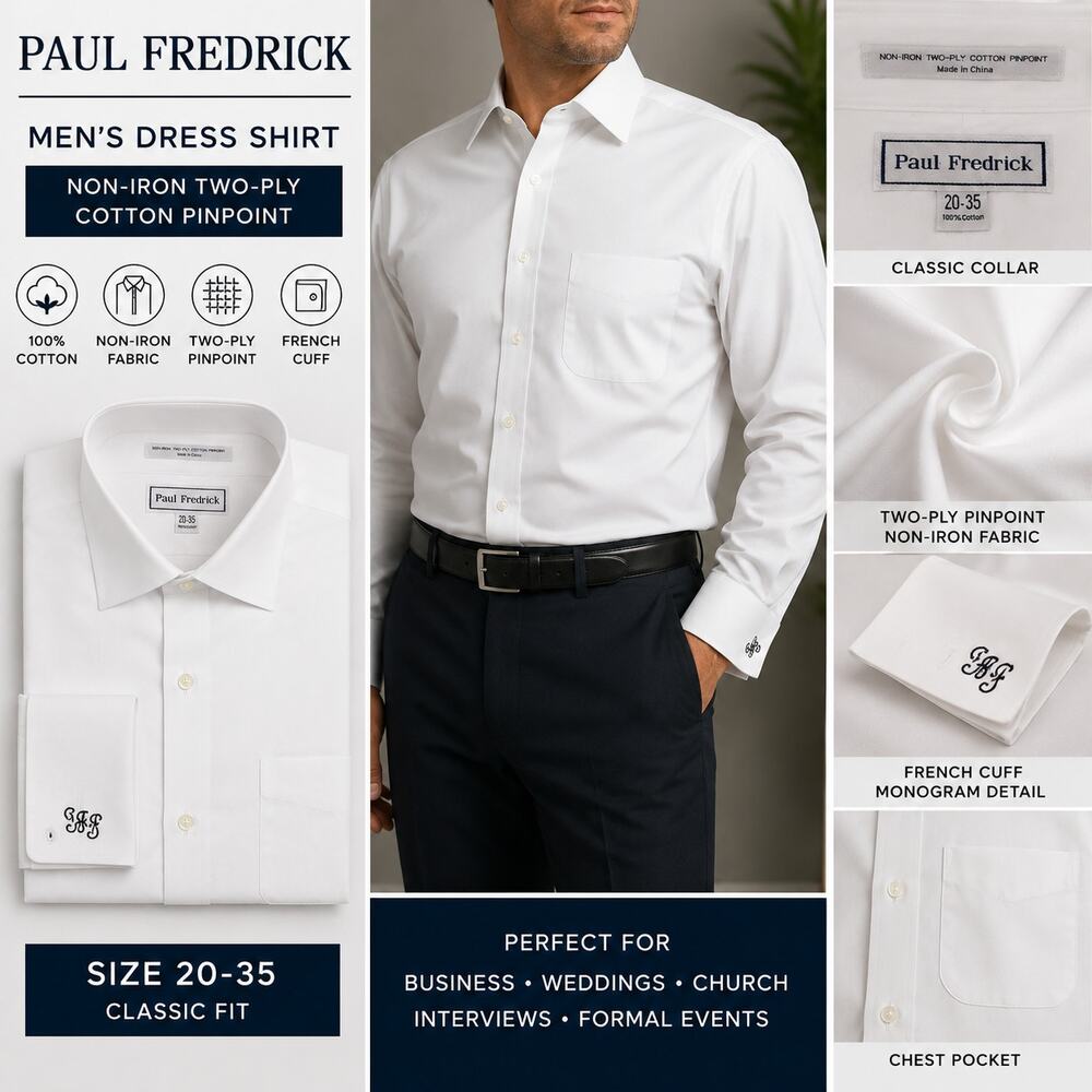 Paul Fredrick Men’s White Dress Shirt 20-35 Non Iron Two Ply Cotton Pinpoint